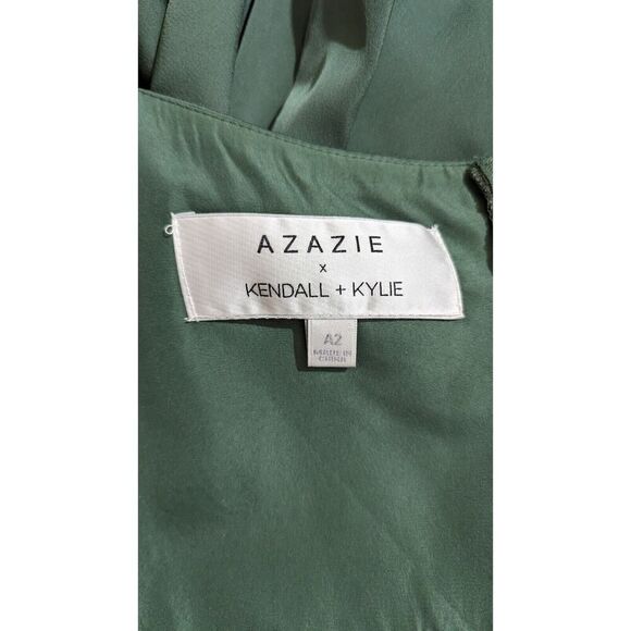Azazie X Kendall + Kylie Green Sheath Pleated Stretch Satin Floor Length Dress O - Picture 14 of 16